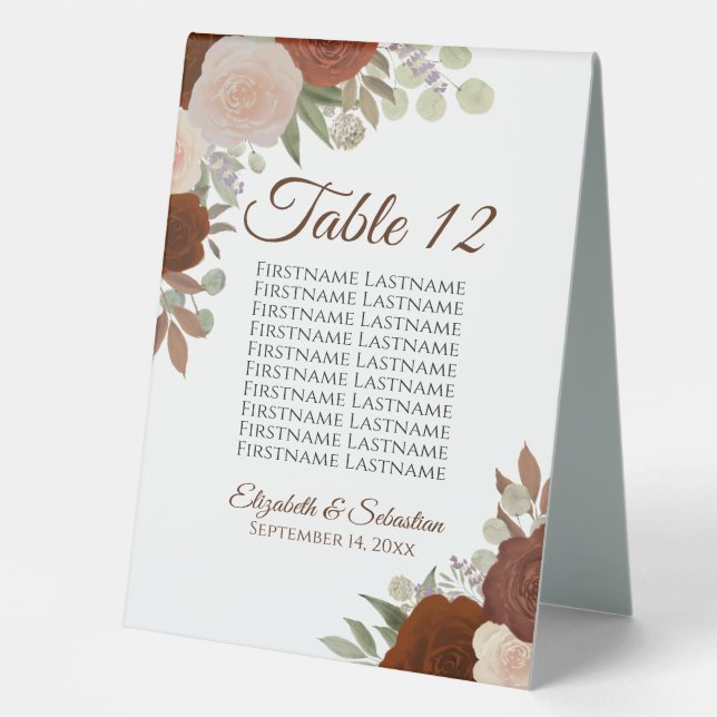 Plaque De Table Mariage Floral Orange rouille Tableau et numéro (Recto)