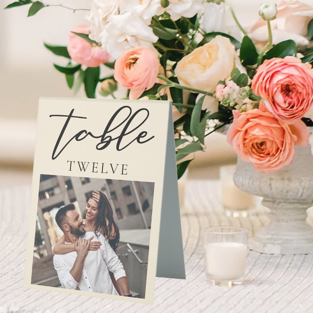 Plaque De Table Mariage photo Chic Ivory Couple Numéro de tableau (Créateur téléchargé)
