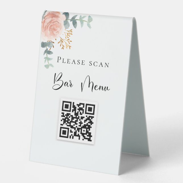 Plaque De Table Menu Barre Code QR bleu floral eucalyptus (Recto)