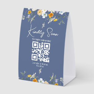 Plaque De Table menu mariage à code qr floral simple bleu nova