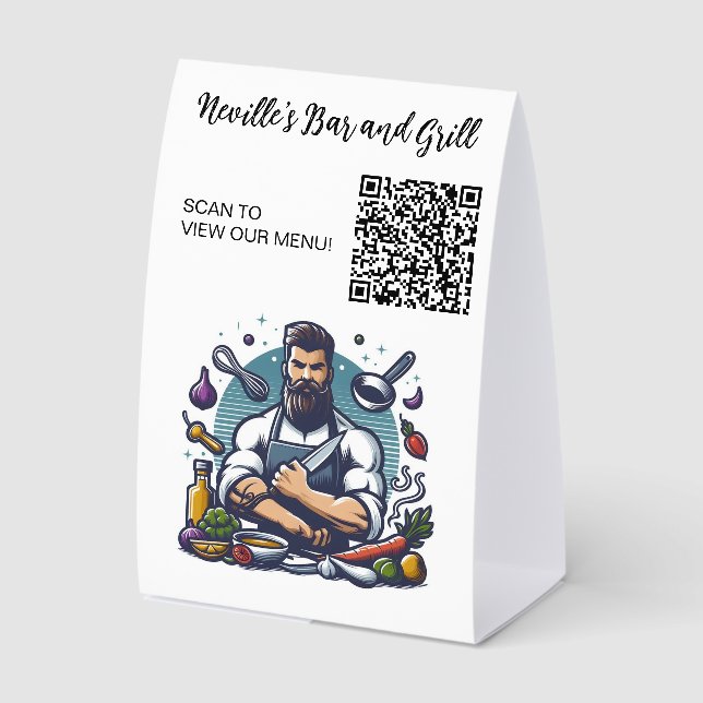 Plaque De Table Menu QR Code Chef en cuisine modifiable (Recto)