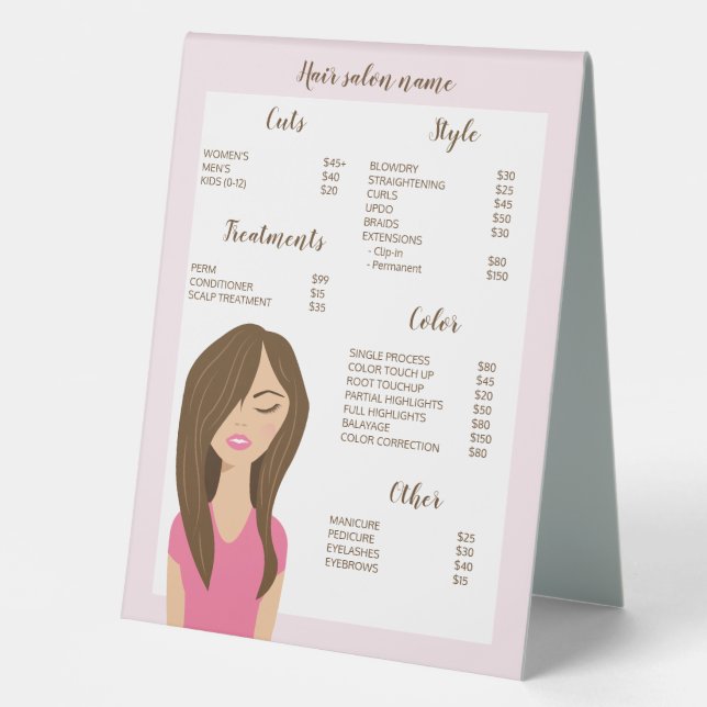 Plaque De Table Menu Salon des cheveux Brown Dessin personnalisé (Recto)
