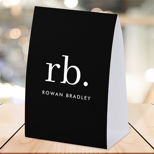 Plaque De Table Monogram Table Tent | Black Tabletop Name Sign (Sleek black modern monogram paper table tent nameplate sign.)