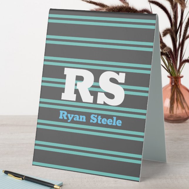 Plaque De Table Monogramme & nom en gras, Lt Turquoise Lines sur g (En SItu (Tableau))