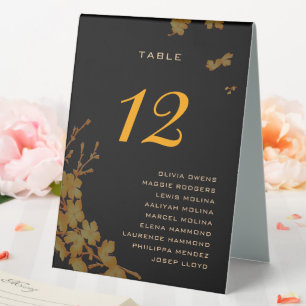 Plaque De Table Noms des invités floraux en or noir élégant Numéro