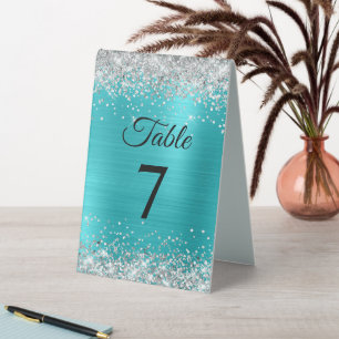 Plaque De Table Numéro de table en paillettes argentées turquoise