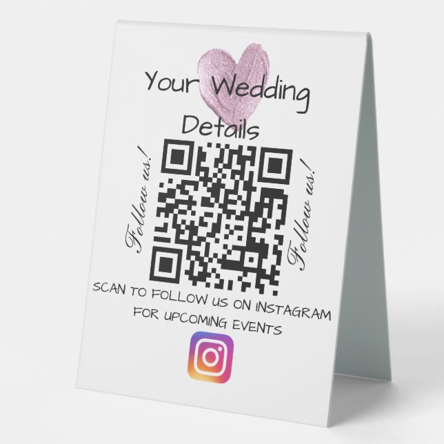 Plaque De Table Parties scintillant cardiaque rose mariage qr code (Recto)