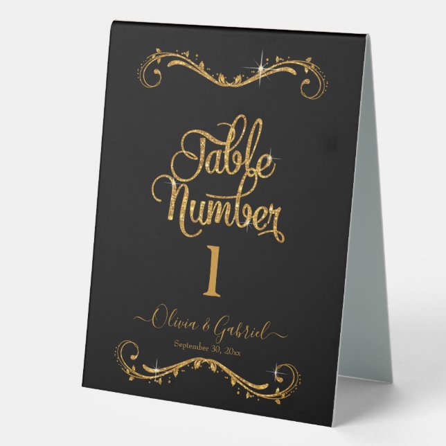 Plaque De Table Parties scintillant en or de script fantaisie Noir (Verso)