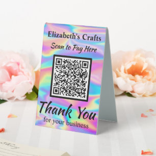 Plaque De Table Payer ici Code QR Hologramme iridescent arc-en-cie
