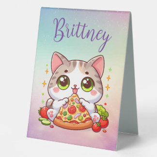 Plaque De Table Personnalisé Kawaii Chat Manger Pizza Personnalisé