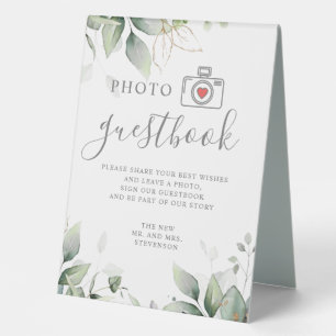 Plaque De Table Photo livre d'or eucalyptus & or vert mariage