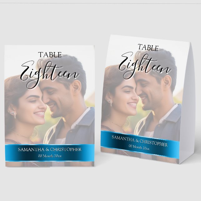 Plaque De Table Photo Wedding Table Number with Royal blue band (Recto/Verso)