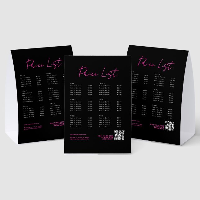 Plaque De Table Pink & Black Neon Beauty Price List Menu QR Code (Insitu (multi))