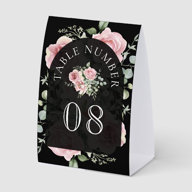 Plaque De Table Pink Floral Eucalyptus Black Wedding Table Number (Recto)