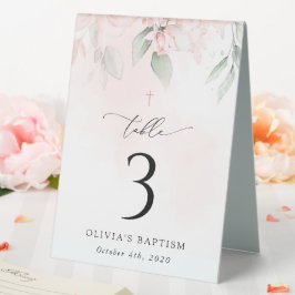 Plaque De Table Pink Flowers, Greenery, Baptism Table Numbers