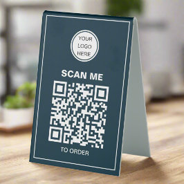 Plaque De Table QR Code Business Logo l Cafe Restaurant Menu Bleu