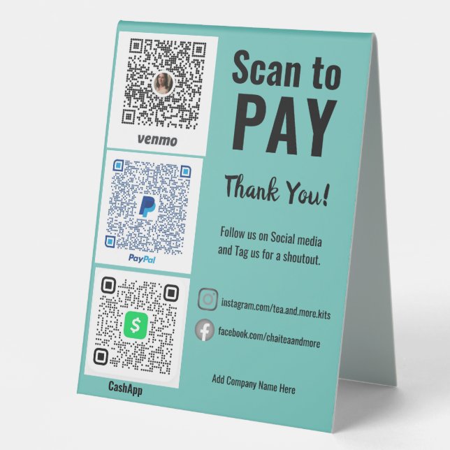 Plaque De Table Réseaux sociaux Payez ici QR Venmo PayPal (Recto)
