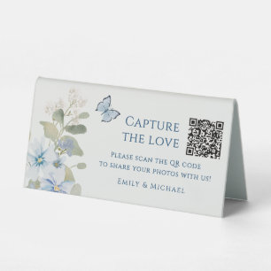 Plaque De Table Romantique Bleu Floral Mariage Photo Partage QR Co