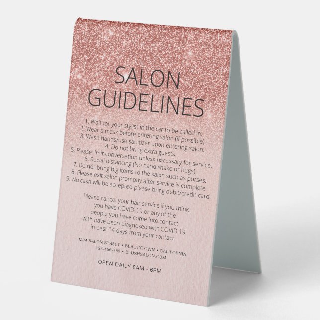 Plaque De Table Rose Gold Parties scintillant Coiffeur Salon Covid (Recto)