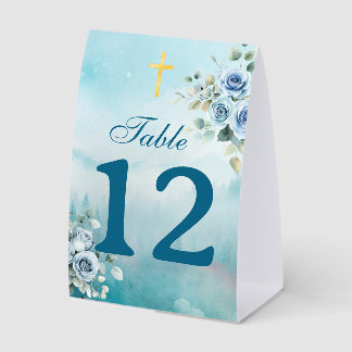 Plaque De Table Roses aquarelles baptême bleu poussiéreux