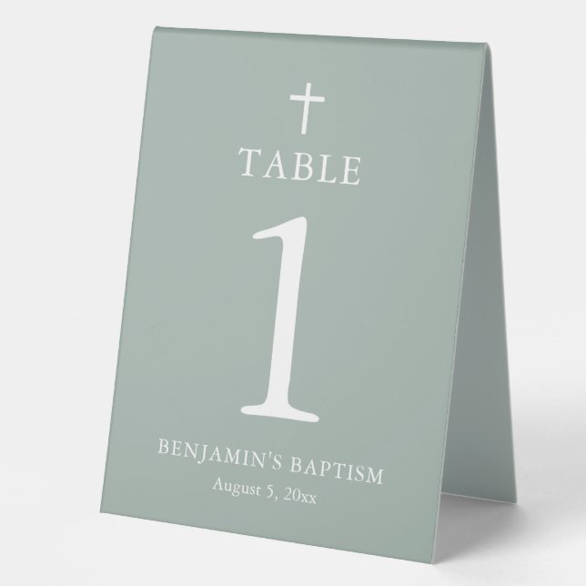 Plaque De Table Sage Green Croix blanche Boy Baptême Table Tente (Recto)