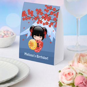 Plaque De Table Sakura Rouge Kokeshi Geisha Fille Bleue