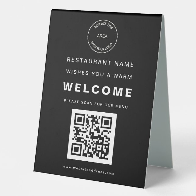 Plaque De Table Simple Restaurant Logo Menu QR Code Welcome Black (Recto)