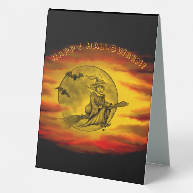 Plaque De Table Sorcière volante avec chat noir, nuit halloween (Verso)