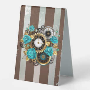 Plaque De Table Steampunk Clock and Turquoise Roses on Striped