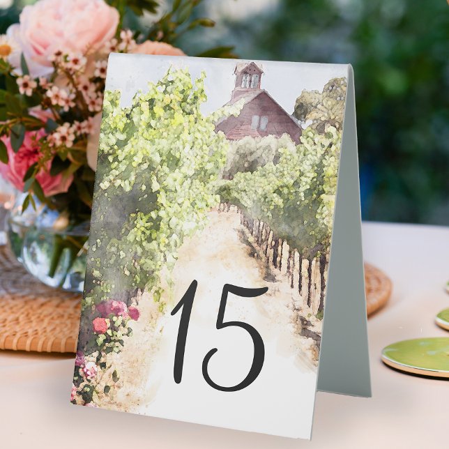 Plaque De Table Vignoble et Mariage d'aquarelle de la grange rouge (Complete the look at your winery wedding or shower with these rustic vineyard table number signs.)