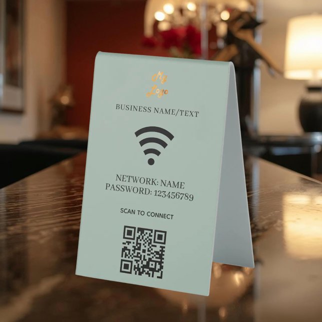Plaque De Table Wifi business logo qr code scan to connect green (Créateur téléchargé)