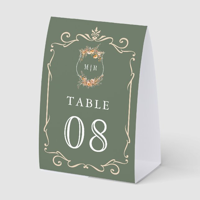 Plaque De Table Wildflower Crest Sage Green Wedding Table Number (Recto)