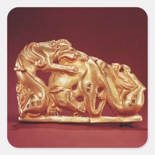Plaque, die einen Griffin darstellt, der ein Pferd Quadratischer Aufkleber