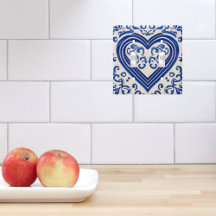 Carrelage peint en Delft - Coeur bleu sur blanc