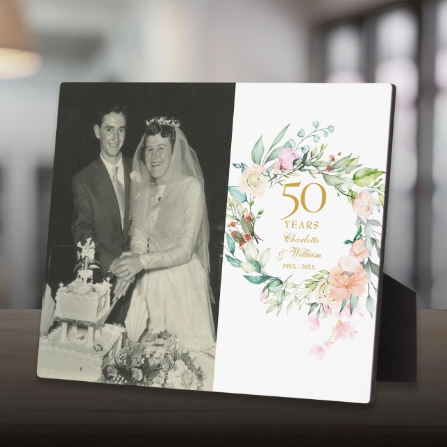 Plaque Photo 50e anniversaire de Mariage d'or Photo Roses flora (50th Golden Wedding Anniversary Photo Floral Roses Plaque)