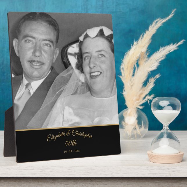 Plaque Photo 50e anniversaire de photo Mariage Black Gold Elega (Côté)