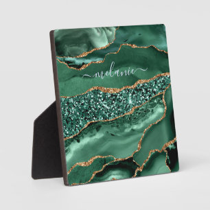 Plaque Photo Agate Green Gold Parties scintillant Géode Nom per
