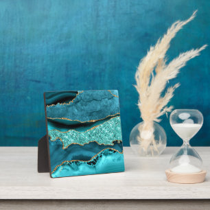Plaque Photo Agate Turquoise Blue Gold Parties scintillant Marb