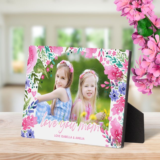 Plaque Photo Aimez-vous maman Fête des mères Aquarelle Florale  (Love you mom Mothers Day Watercolor Floral Photo Plaque)