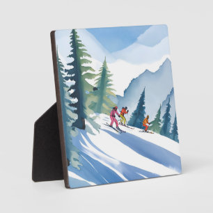 Plaque Photo Allons Ski   Peinture Aquarelle d'Hiver
