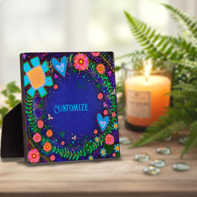 Plaque Photo Amusant joli coeur floral bleu UN MOT Personnalisé (Créateur téléchargé)