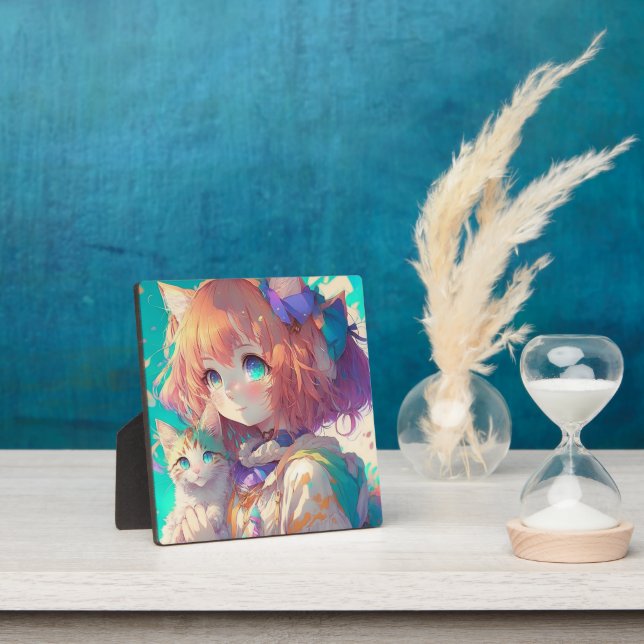 Plaque Photo Anime Girl Holding an Adorable Kitten (Insitu)