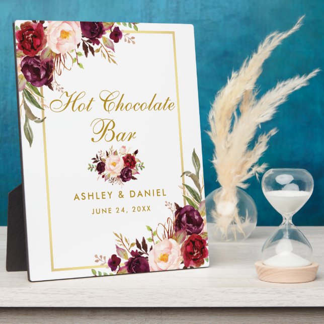 Plaque Photo Aquarelle Burgundy Gold Mariage Hot Chocolat Bar (Côté)