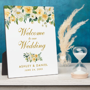 Plaque Photo Aquarelle Jaune Blanc Floral Mariage Bienvenue
