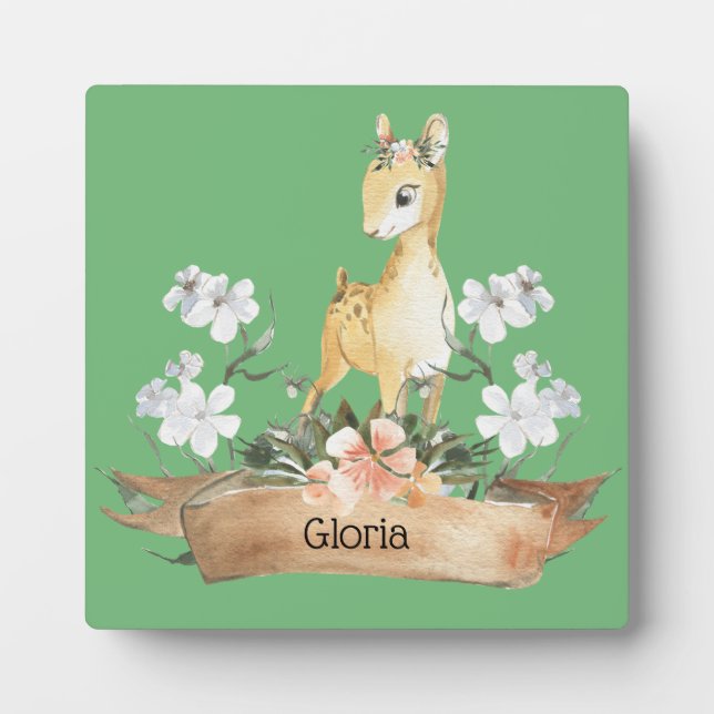 Plaque Photo Aquarelle Woodland Baby Fawn Nom personnalisé (Devant)