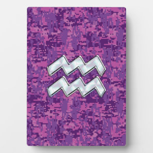 Plaque Photo Aquarius Zodiac Sign on fuchsia digital camouflage