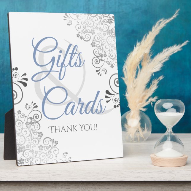 Plaque Photo Argent & Bleu Élégant Mariage Cadeaux & Cartes (Côté)