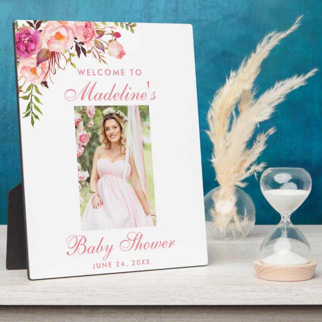 Plaque Photo Baby shower Floral rose Bienvenue photo (Côté)