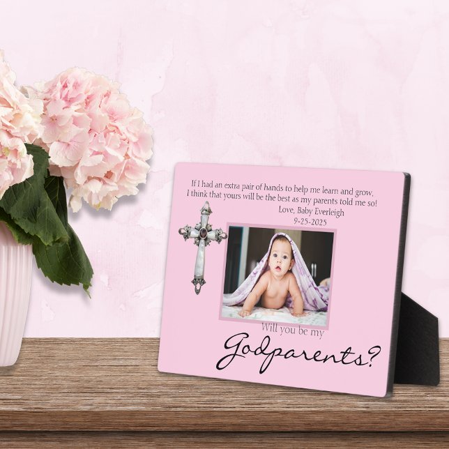 Plaque Photo Be My Godparents Proposal Pink Memorial Photo (Créateur téléchargé)