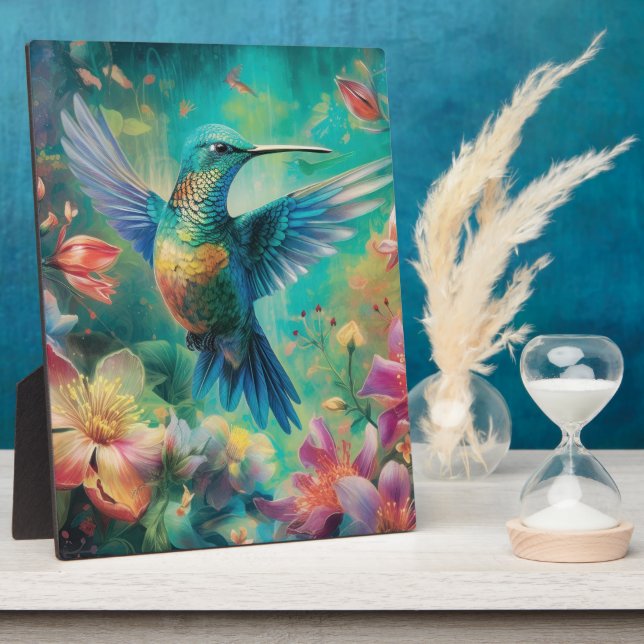 Plaque Photo Beau colibri entouré de fleurs (Côté)